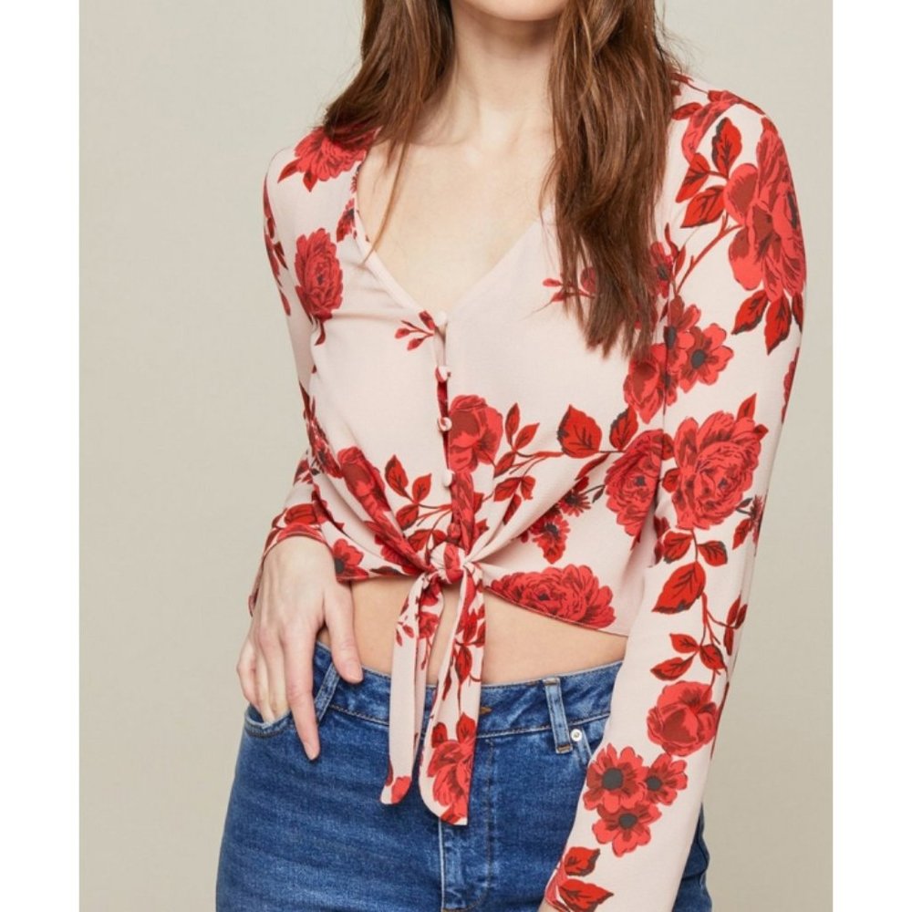 NEW Miss Selfridge Floral Button-Up Tie V-Neck Cropped Long Sleeve Crop Blouse 0